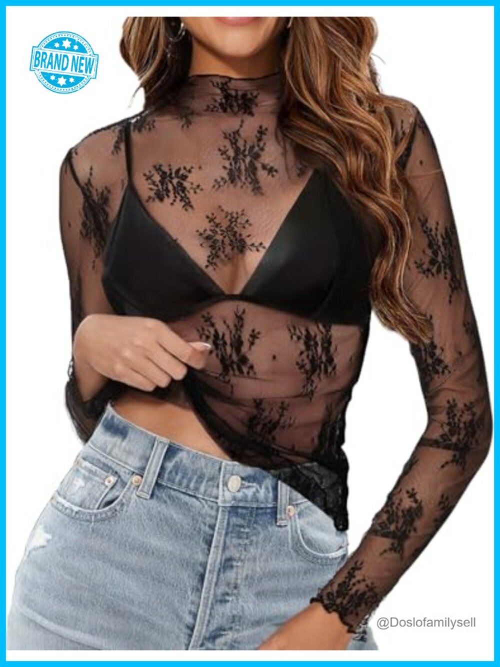Mesh Long Sleeve Top Lace Sheer Floral Embroidery Mock Neck Blouse